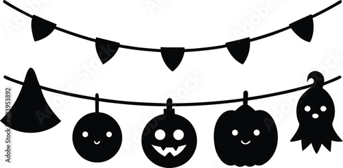 Cute Halloween Garland Vector with Pumpkins and Ghosts. Black Silhouette Banner, Bunting with Spooky Holiday Elements on Transparent Background