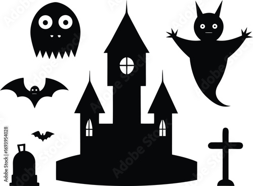 Halloween Elements Black Silhouette Vector Set. Collection of Spooky Icons: Ghost, Bat, Pumpkin, Cat, Witch Hat, Full Moon on Transparent Background