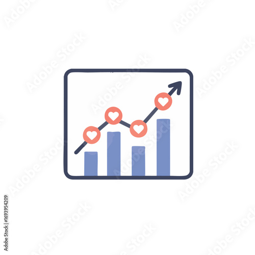 A vibrant hand-drawn icon displays an upward trending bar graph with hearts, symbolizing growing social media engagement, popularity, and successful progress.