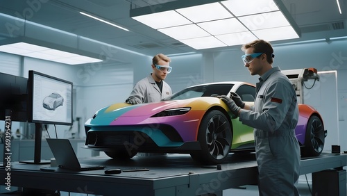Engineers examining a futuristic, colorful sports car in a high-tech laboratory setting