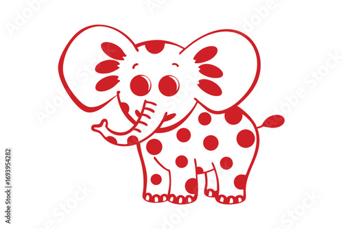 Cartoon red outline elephant smiles, cheerfully waving on a clean white color background
