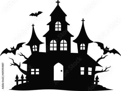 Haunted House Silhouette with Gnarled Tree and Moon for Halloween Designs