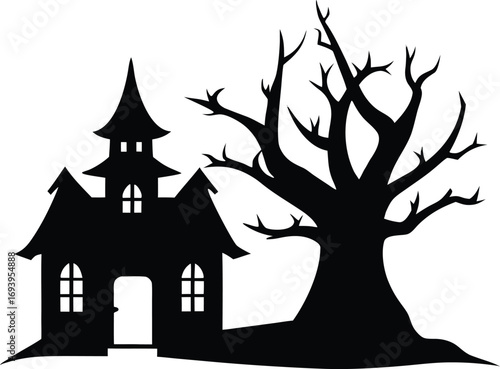 Haunted House Silhouette with Gnarled Tree and Moon for Halloween Designs