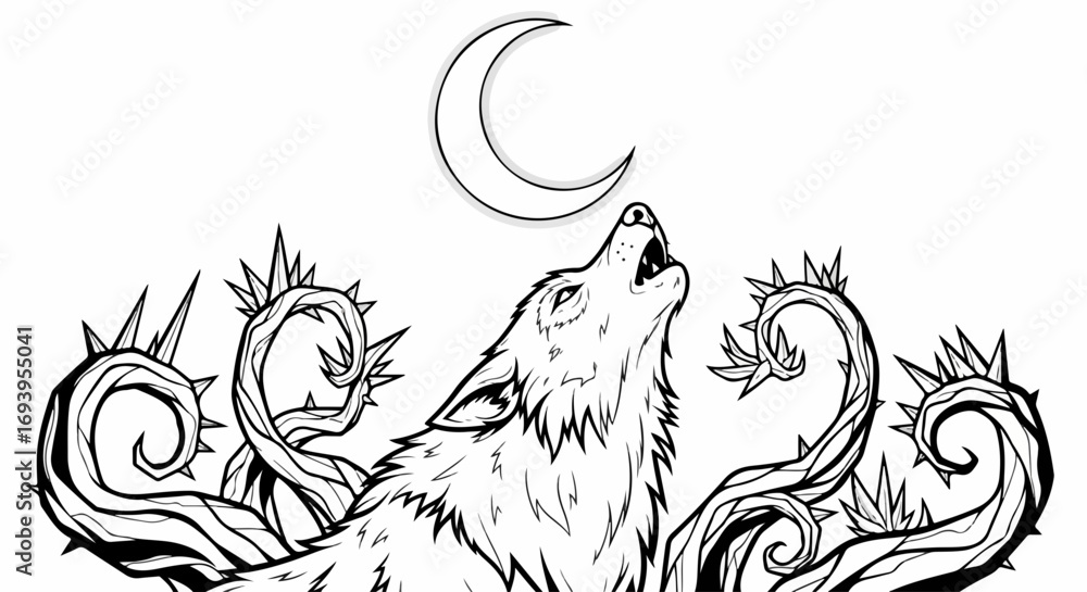 Fototapeta premium Howling wolf with crescent moon above, intricate lines and details make this a striking image. Howling wolf head is surrounded by thorny vines in monochromatic drawing.