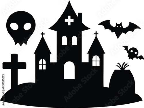 Halloween Icons Set - Black Silhouette Vector Collection. Spooky Halloween Icon Set: Silhouette Vector Illustrations of Pumpkin, Bat, Ghost, and Cat