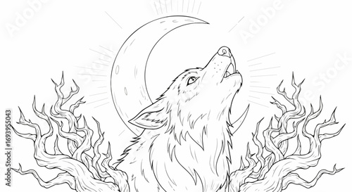 Howling wolf sketch with crescent moon and bare trees, monochromatic drawing. Howling wolf design with open mouth and wild look amid bare branches; the crescent moon adds to dramatic, nocturnal scene.