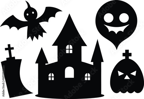 Halloween Icons Set - Black Silhouette Vector Collection. Spooky Halloween Icon Set: Silhouette Vector Illustrations of Pumpkin, Bat, Ghost, and Cat