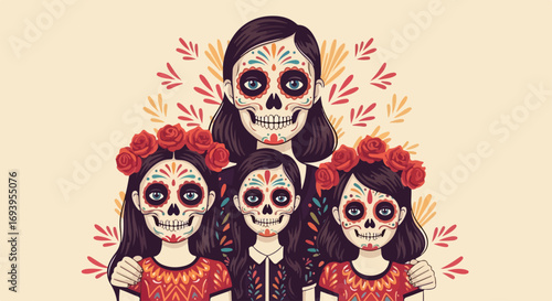 Día de los Muertos illustration features calavera family wearing traditional makeup and festive attire. Día de los Muertos is a celebration of life and remembrance of loved ones,