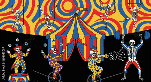 Circus illustration featuring skeletons and clowns, a playful carnival scene. Circus illustration art depicts skeletons balancing, juggling,