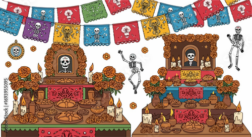 Day of the Dead altar displays intricate offerings and decorations, celebrating deceased loved ones. Day of the Dead details include marigolds, candles, papel picado, and traditional bread on altars.