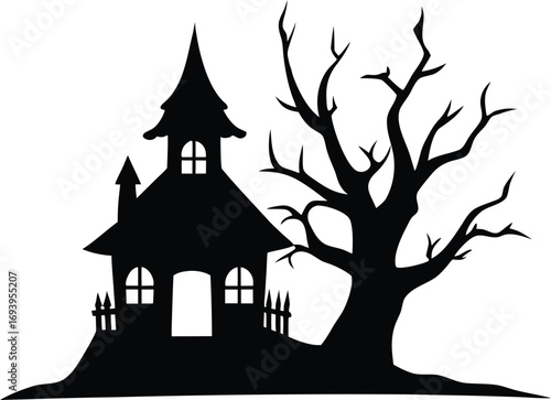 Spooky Halloween House and Tree Silhouette Vector Illustration