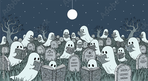 Spooky Halloween ghosts gathered in cemetery under full moon, reading books. Spooky Halloween scene shows fun reading in spooky cemetery under moon glow. Use Spooky Halloween imagery for invitations,