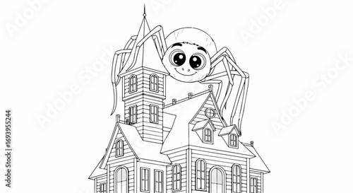 Haunted house coloring page with cute cartoon spider for Halloween fun. This haunted house design is perfect for kids' Halloween activities, and coloring creates a pleasant pastime.