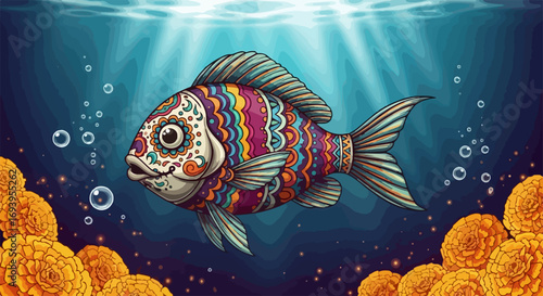 Decorative fish with vibrant colors on beautiful background, inspired by Day of the Dead celebrations.
