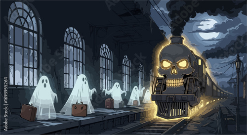 Halloween train at spooky railway station with glowing ghostly locomotive and ethereal apparitions. Halloween train pulls into depot on All Hallows' Eve,