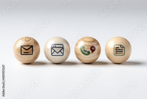 Four light wood spheres, each with a contact icon mail, email form, phone with map pointer, and document. White background. Studio lighting