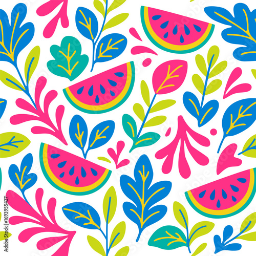 Bright seamless pattern with watermelons and leaves. Bright neon colors. Vector illustration in flat vector style.