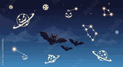 Halloween background with bats and festive celestial elements for holiday celebrations.