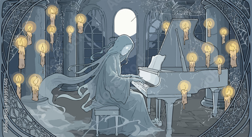 Ghostly apparition at piano, featuring haunting performance in dimly lit interior. Ghostly apparition hovers over keyboard, ethereal figure creates melody, resonating with emotions.