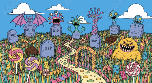 Surreal Halloween landscape with cartoon monsters and tombstones on a field. Halloween scene features an archway,