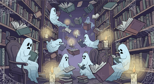 Ghost illustration in library with reading ghosts and many books in bookshelves. This ghost illustration depicts spooky specters enjoying stories,