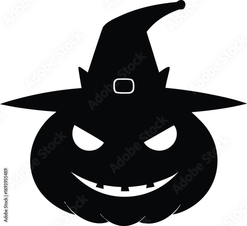 Black Silhouette of Pumpkin with Top Hat, Vector Jack o Lantern Graphic for Halloween Party Design. 