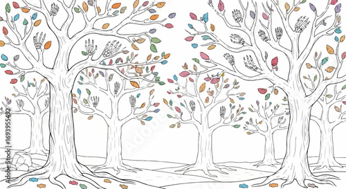 Abstract forest with hand-shaped leaves in various colors, creating whimsical scene. This abstract forest evokes artistic imagination and creative interpretation.