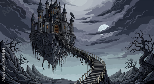 Surreal haunted castle on floating island in spooky night. Haunted castle with ominous sky, dark clouds, and moonlight. Eerie haunted castle concept for Halloween decorations,