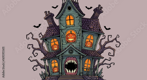 Spooky Halloween haunted house with carved pumpkins and flying bats on grey background. Spooky Halloween haunted house with monster mouth entrance symbolizes frightening October traditions.