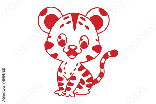 Cartoon spotted panther cub in red outline smiles broadly while sitting patiently on the floor