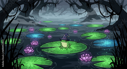 Swamp landscape shows water lilies with a frog wearing hat, in dark tones. Swamp landscape in dim, dark tones shows plant growth with magical glowing blooms, frog wearing hat, and eerie atmosphere.