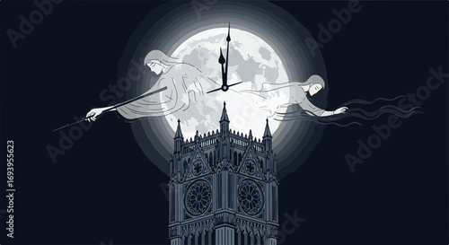 Midnight magic shows clock tower against full moon sky, creating scene of fantasy figures. Midnight magic happens above historic clock tower.