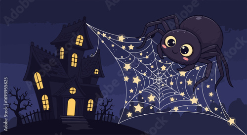 Spooky Halloween house background with a cute spider hanging on web. Spooky Halloween house on a dark background with stars and dark sky.