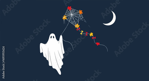 Halloween ghost flying kite in night sky, under moon. Festive Halloween ghost with kite in night sky shows spooky, fun celebration and decoration, for inviting flyers or cards for parties and events.