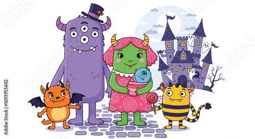Adorable group of cartoon monsters gathered on cobblestone road near spooky castle. Group of cartoon monsters includes friendly, silly beings with bright colors, ready for Halloween.