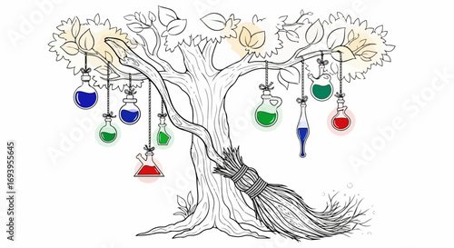 Enchanting science tree with colorful potions hanging from branches and a leaning broom. Science tree illustration showcases laboratory glassware, beakers, and flasks filled with vibrant liquids,