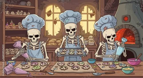 Spooky baker scene features three skeleton bakers preparing ghostly sweets in industrial kitchen. Skeleton bakers work diligently on pastries and sweet treats under warm lighting.