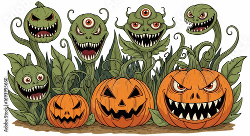 Spooky Halloween pumpkins and scary monsters, Halloween pumpkins with funny faces, and creepy plants for decoration. Concept Halloween pumpkins are creative and scary,