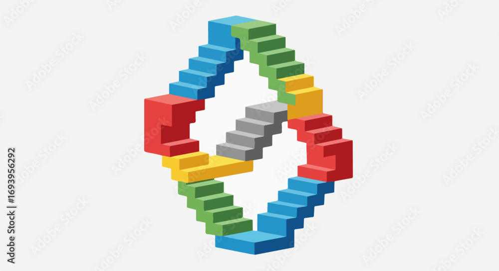 Fototapeta premium Optical illusion featuring a colorful impossible staircase on plain background. Impossible staircase, an intriguing paradox, presents a geometric shape of staircase design, a mind-bending visual.