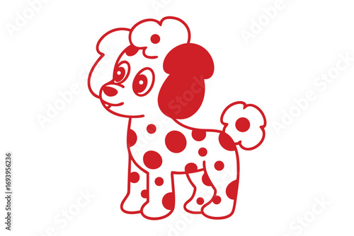 Cartoon style red polka dotted poodle stands cheerfully against a plain white backdrop