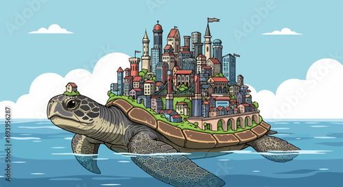Turtle island scene shows an island with a bustling city resting on top of turtle island. This turtle island has buildings, skyscrapers, and houses,