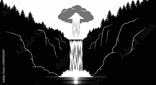 Waterfall landscape, picturesque cascade amidst rocky cliffs, trees. Waterfall scene features water plunging from high rocks, waterfall creating refreshing mist.
