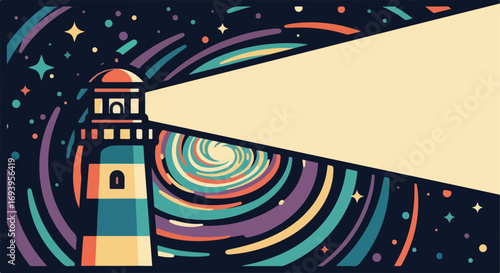 Illustrated lighthouse beaming light across dark, colorful space. Lighthouse provides guidance in darkness, its bright light piercing through the night sky.