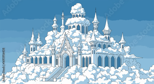 Enchanting castle in clouds, with its spires and grandeur, sets fairy tale scene. Castle features intricate architecture and ethereal presence, dreamlike abode,