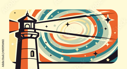 Lighthouse illustration with radiating light beams against swirling background. This nautical illustration depicts a tall, sturdy lighthouse against colorful light beams and starry sky.