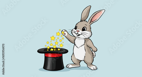 Cartoon rabbit performing magic trick with hat full of stars. Adorable cartoon rabbit conjures shiny stars from a magical hat for circus performance or children’s entertainment.