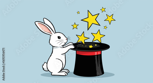 Charming rabbit pulling stars out of magic hat for kids, enchanting scene. Magic hat trick performed by fluffy white rabbit, cute animal drawing with black top hat.