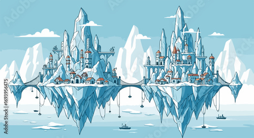 Floating islands comprise this snowy wonderland, showcasing structures connected by suspension bridges, a picturesque floating islands landscape.