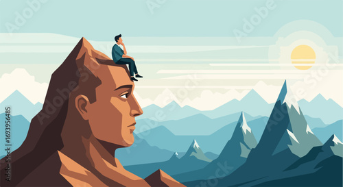 Thoughtful contemplation visualized with man on mountain peak contemplating life, set against a backdrop of majestic mountains and sunrise. Contemplating decisions for future,