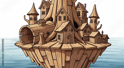 Isolated treehouse settlement on a floating island with detailed wooden structures. Treehouse village on island for fairytale concepts features charming wooden architecture and a whimsical,